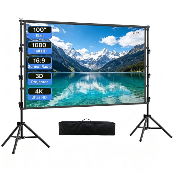 BN-LINK 100 inch Projector Screen with Stand, 16:9 4K HD Portable Movie Screen Indoor Outdoor, Foldable Wrinkle-Free Projection Screen for Home Theater, Camping,Parties