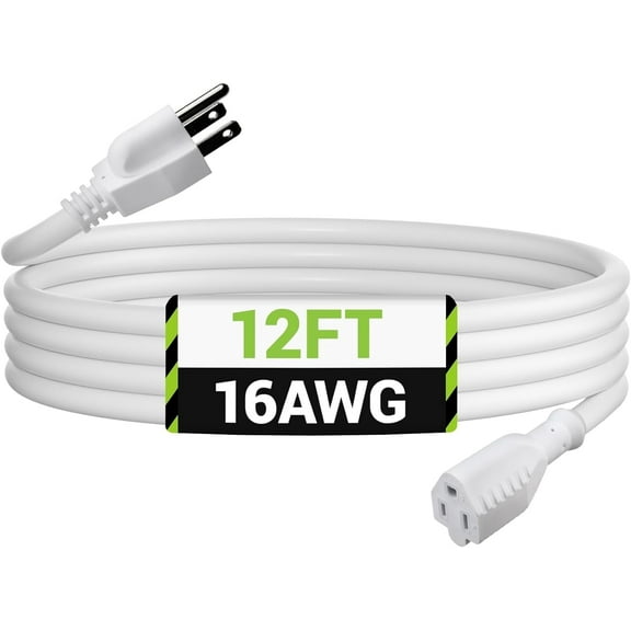 BN-LINK 12ft Outdoor Extension Cord, 3-Prong, 16 Gauge General Purpose Power Cord, Grounded Plug, White, for Landscaping & Holiday Decorations, Home & Office, 13A ETL