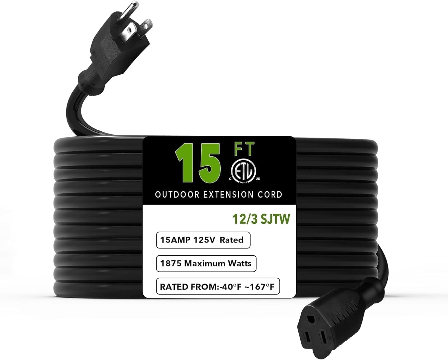 BN-LINK 15ft Outdoor Extension Cord, 15amps,12/3 SJTW Heavy Duty Power Cord, 3-Prong Grounded Plug, Weather Resistant, 1875W, Black, for Lawn, Garden, Appliances, ETL Listed