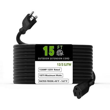BN-LINK 15ft Outdoor Extension Cord, 15amps,12/3 SJTW Heavy Duty Power Cord, 3-Prong Grounded Plug, Weather Resistant, 1875W, Black, for Lawn, Garden, Appliances, ETL Listed