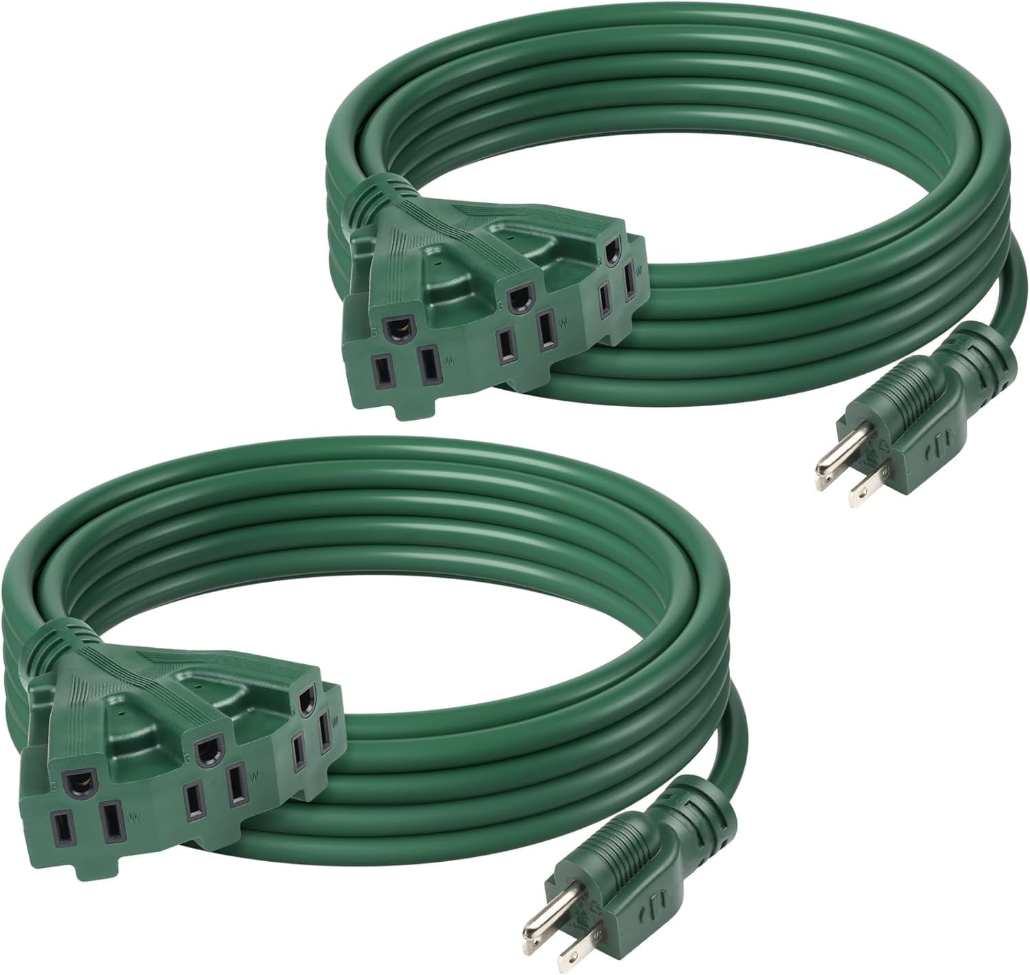 BN-LINK 2 Pack 15 ft 3 Outlet Lawn & Garden Outdoor Extension Cord 16/3 SJTW, Green, 3 Prong Grounded Plug