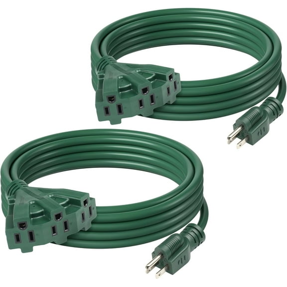 BN-LINK 2 Pack 15 ft 3 Outlet Lawn & Garden Outdoor Extension Cord 16/3 SJTW, Green, 3 Prong Grounded Plug
