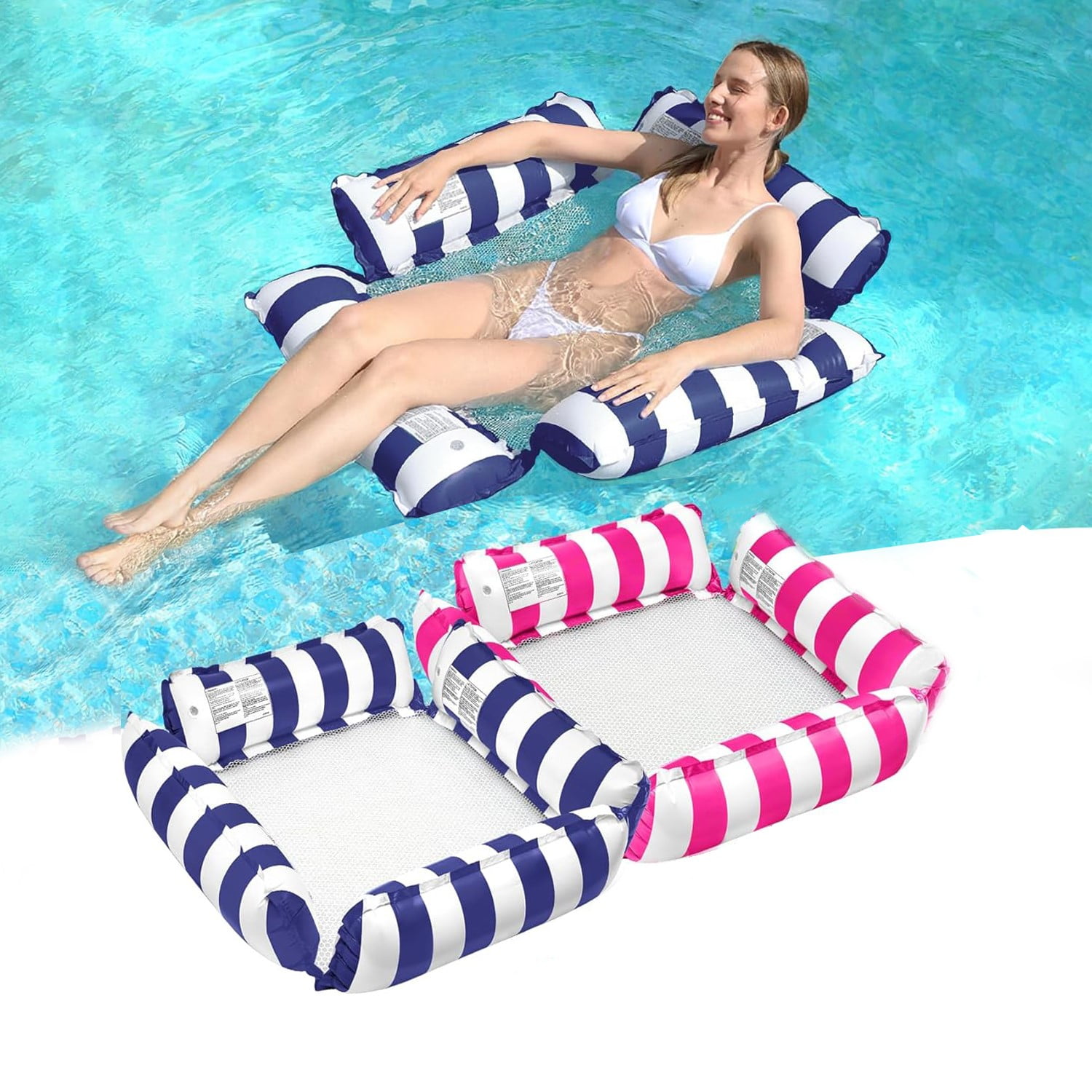 BN-LINK 4-in-1 Inflatable Pool Floats Adult, 2 Pack Multi-Purpose Water Hammock, Floating Lounger for Swimming Pool Lake Beach, Adults Vacation Fun and Rest(Dark Blue+Red)