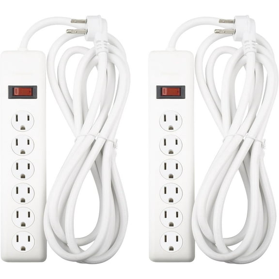 BN-LINK 6-Outlet Power Strip Surge Protector 2-Pack, 10-Foot Extension Cord, 600 Joules, Twist-to-Close Safety Covers, 90 Degree Flat Plug, Overload Protection, White