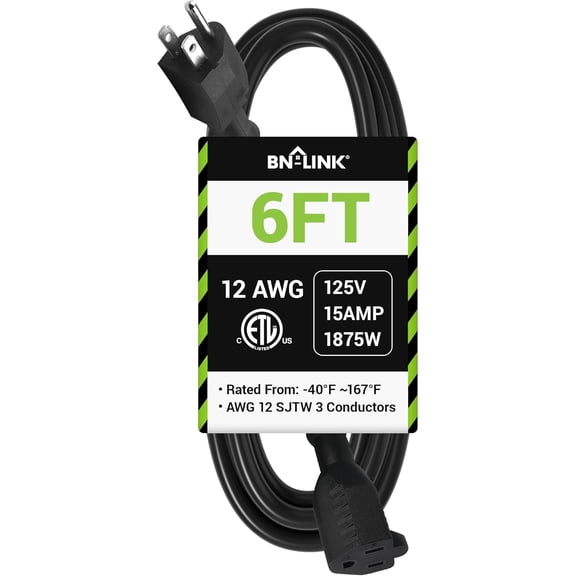 BN-LINK 6ft Outdoor Exteon Cord, 12/3 SJTW Heavy Duty Power Cord, 3-Prong Grounded Plug, Weather Restant, 15A, 1875W, Black, for Lawn, Garden, Appliances, ETL Lted