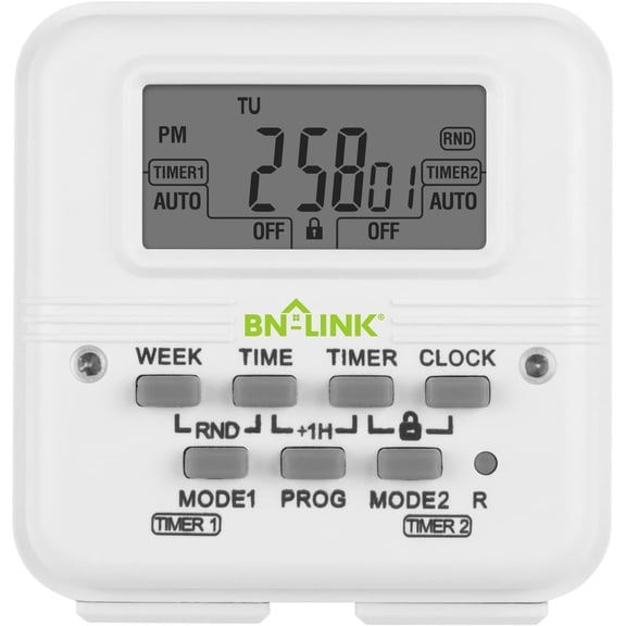 BN-LINK 7 Day Heavy Duty Digital Programmable Dual Outlet Timer - 2 Independently Programmable Grounded Outlets