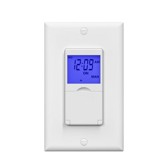 BN-LINK 7 Day Programmable In-Wall Timer Switch for Lights, fans and Motors , Single Pole and 3 Way Both Use, Blue Backlight, Neutral Wire Required, White
