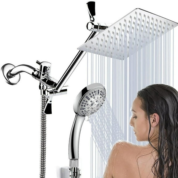 BN-LINK 8 Inch Rain Shower Head Combo, High Pressure Shower Head with 9 Spray Pattern, 11 Inch Extension Arm, Height/Angle Adjustable Anti-leak Shower Head with Holder/Hose