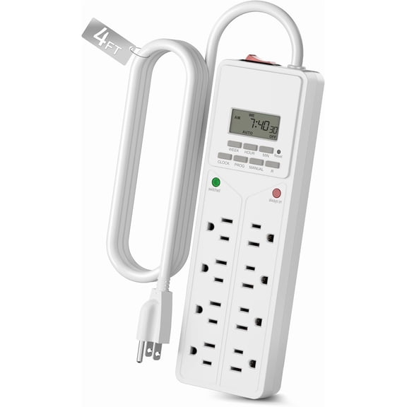 BN-LINK 8 Outlet Surge Protector with 7-Day Digital Timer (4 Outlets Timed, 4 Outlets Always On) - White