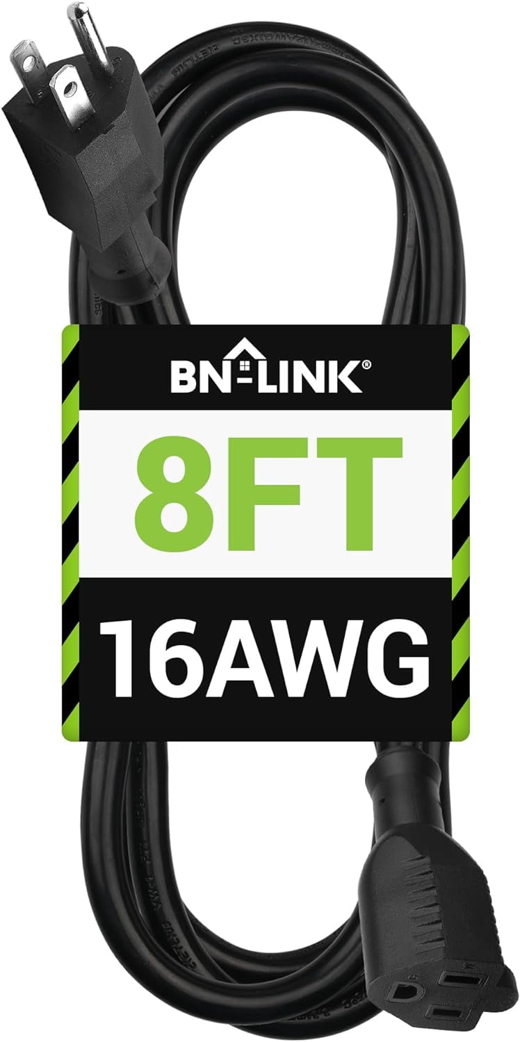 BN-LINK 8ft Indoor/Outdoor Extension Cord 16/3 SJTW, Black, Water & Weather Resistant, 3-Prong Grounded Plug for Landscaping & Holiday Decorations, Home & Office, 13A ETL