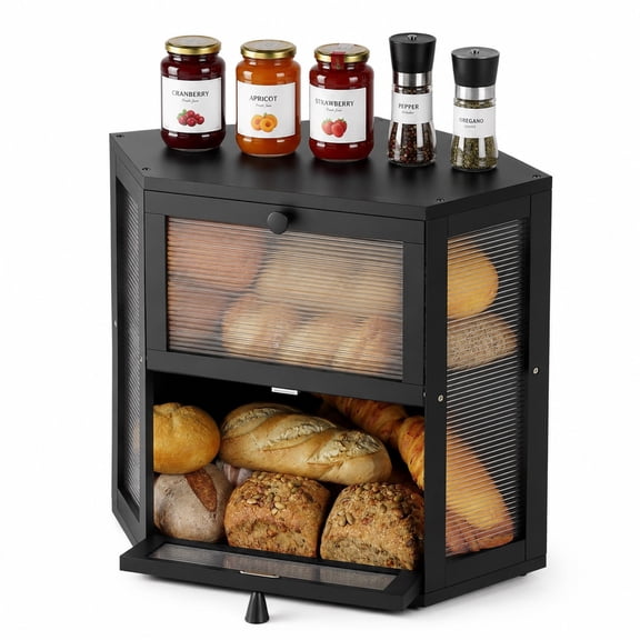 Behome Bread Box for Kitchen Countertop, 2 Tier Bamboo Wood Bread Storage Container with Window, Farmhouse Breadbox Organizer for Kitchen Counter Cabinet, Pantry, Cupboard, Black