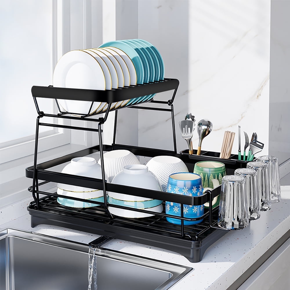 BN-LINK Dish Drying Rack, 2-Tier Dish Racks for Kitchen Counter, Dish Rack with Drainboard, Dish Drainer with Utensils Holder, for Dishes, Bowls, Cups, Knives, Forks, Black