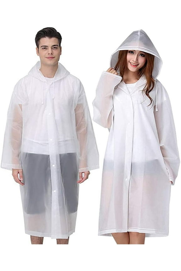 EVA Rain Ponchos for Adults Reusable, 2 Pack Raincoats Emergency for Women Men with Hood and Drawstring, White