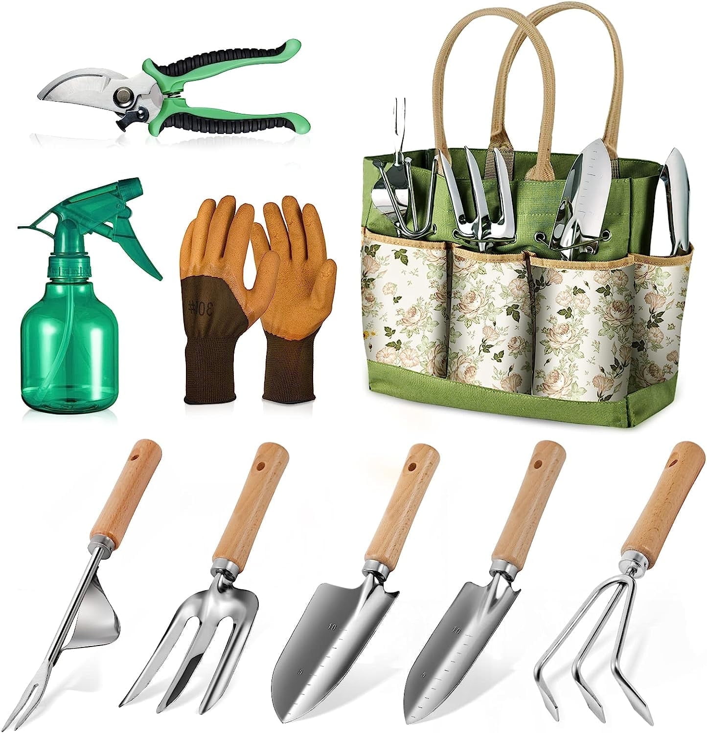 BN-LINK Garden Tool Set, 9 Piece Heavy Duty Gardening Hand Tools with Fashion and Durable Garden Tools Organizer Handbag,Rust-Proof Garden Tool Set, Ideal Gardening Gifts for Women and Men