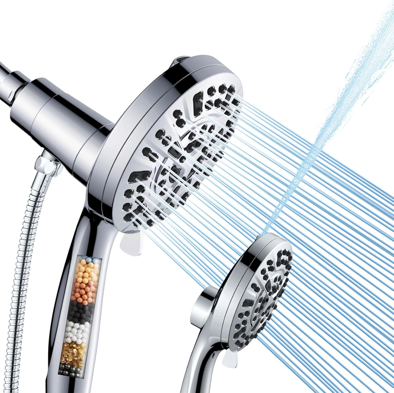 BN-LINK High Pressure 10 Ways Handheld Shower Head Chrome- Anti-clog Nozzles, Built-in Power Wash to Clean Tub, Magnetitc Rainfall Shower Wand, with 4.9FT Stainless Steel Water Hose, Adjustable Spray