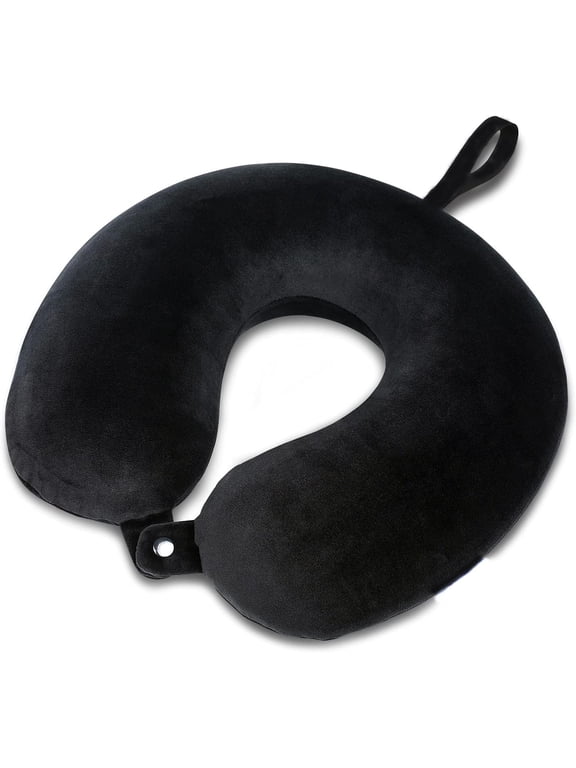 Memory Foam Travel Pillows for Airplanes - Neck Pillow for Traveling with Attachable Snap Strap Soft Washable Cover, Flight Pillow for Sleeping, Car, Home, Office, Black
