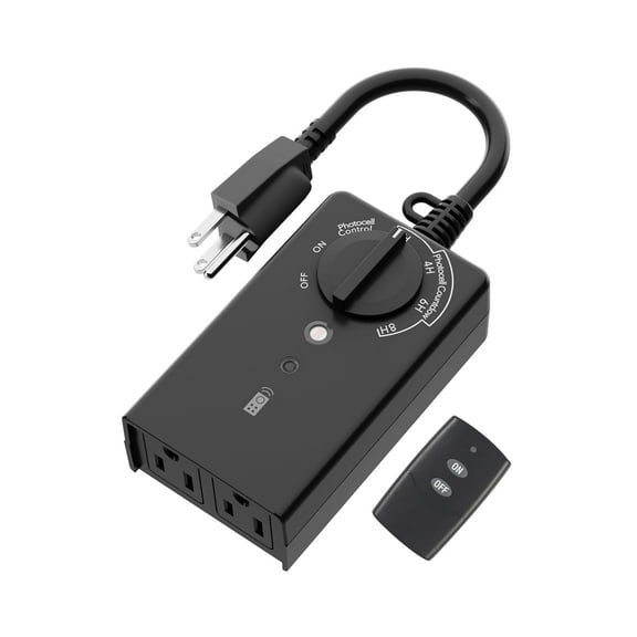 BN LINK Outdoor 24 Hour Water Resistant Photoelectric Countdown Timer Photocell Light Sensor 2 4 6 or 8 Hours Countdown Mode 2 Grounded Outlets Remote Control 100ft Range for Home and Garden