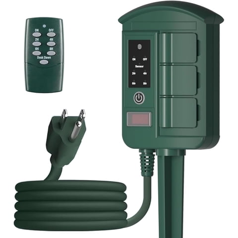 BN-LINK Outdoor Power Stake Timer Waterproof, Power Strip with 6 Grounded Outlets and 6FT Extension Cord, 100FT Wireless Remote Control, Dusk to Dawn Sensor Timer for Lights and Courtyard Decoration