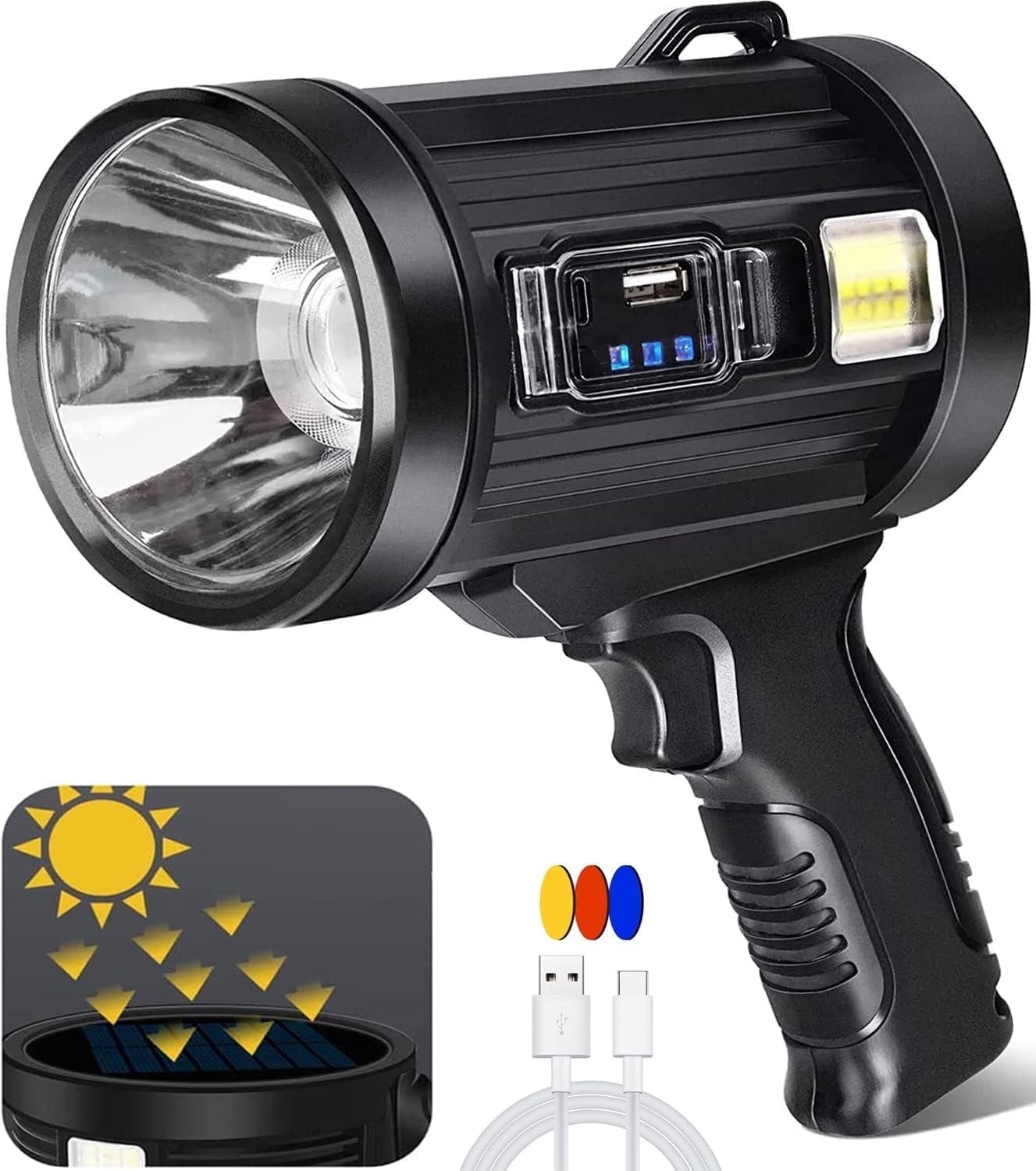 BN-LINK Rechargeable Spotlight, Handheld Hunting Flashlight Led Spot Light, Super Bright Solar Spot Lights Outdoor Handheld for Hunting, Boating, Camping