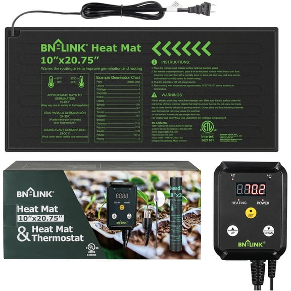 BN-LINK Seedling Heat Mat Heating Pad 10" x 20.75" with Digital Thermostat Controller Combo Set Waterproof for Indoor Seed Starting and Plant Germination