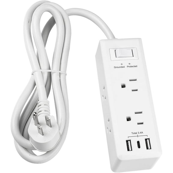 BN-LINK Surge Protector Power Strip with 6 Outlets 2 USB-A 1 USB-C(Total 3.4A), 3-Side Outlet Extender Strip with 5 Ft Extension Cord, Flat Plug, for Travel, Home, Office, 15A