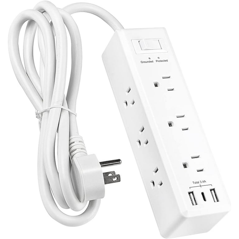 Power Strip with 6 AC Outlet, 3 Foot Cord and 45-Degree Angle Flat