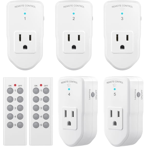 BN-LINK Wireless Remote Control Outlet with Extra Long Range, for Household Appliances, White (2 Remotes + 5 Outlets)