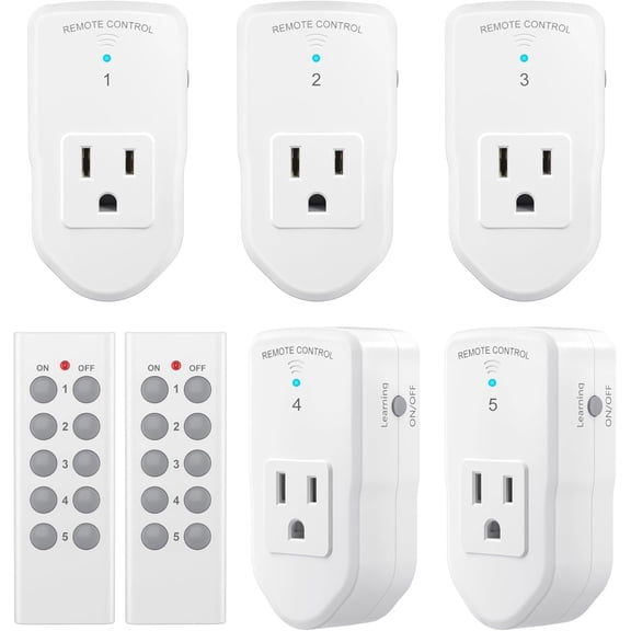 BN-LINK Wireless Remote Control Outlet with Extra Long Range, for Household Appliances, White (2 Remotes + 5 Outlets)