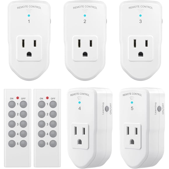 BN-LINK Wireless Remote Control Outlet with Extra Long Range, for Household Appliances, White (2 Remotes + 5 Outlets)