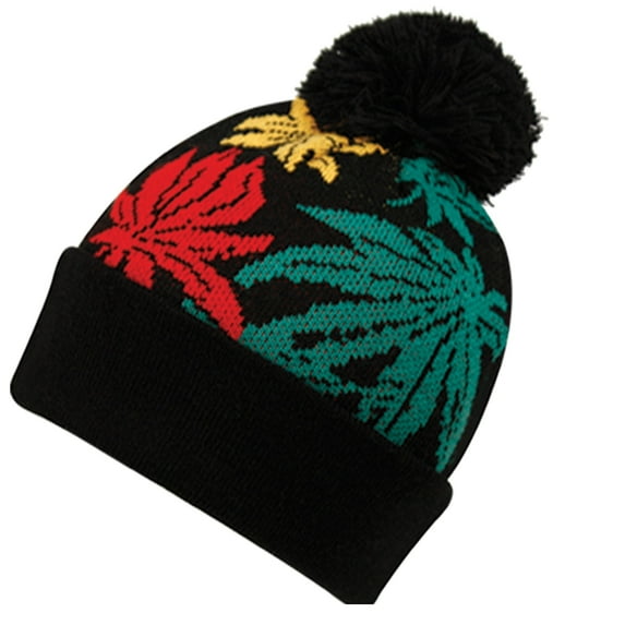 BN2135 Leafs Print Cuff POM Beanie Knit Cap