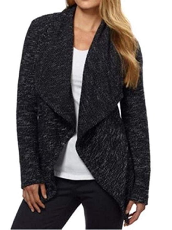BNCI Womens Tweed Drape Front Shawl Collar Cardigan - Black Mix(Small)