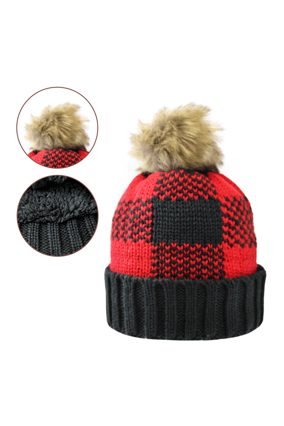 Buffalo Plaid Winter Beanie Hat with Faux Fur Pompom & Inner Plush Lining
