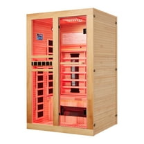 BNEHS Infrared Sauna, 2 Person Full Spectrum Home Sauna with Red Light Therapy, 15 Minutes Pre-Warm up Indoor Dry Sauna with 2-in-1 Towel Holder, 7 Color Light Belt, Canadian Hemlock, 110V