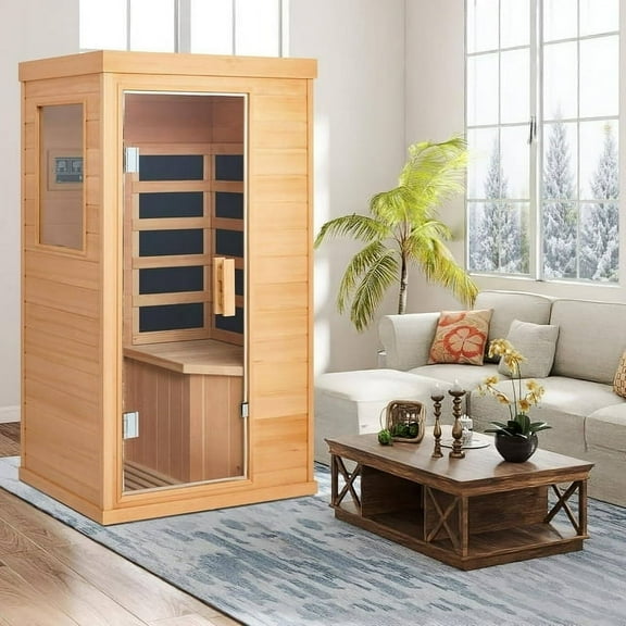 BNEHS Single Infrared Full Spectrum Sauna, Indoor Wooden Dry Sauna, with 4 Heater Panels, Bluetooth and Tempered Glass