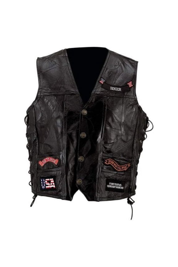 GFVBIK14XL Diamond Plate Rock Pattern Black Buffalo Leather Vest with 14 Patches - XLarge