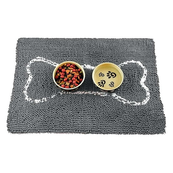 BNHHNB Dog Food Mat - Water Absorbent Slopmat for Dogs & Cats - Microfiber Chenille Pet Feeding Mat - Machine Washable - Gray Bone 18x24