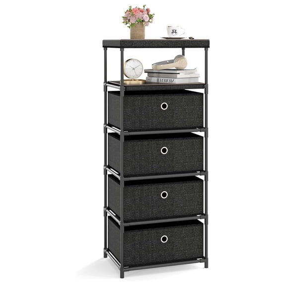 BNHHYYDS 4-Drawer Dresser with Shelf, Fabric Drawer Chest, Industrial Storage Tower, Metal Frame Organizer for Bedroom & Living Room - 16"W x 12"D x 39"H