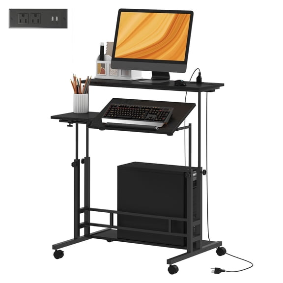BNHHYYDS Adjustable Standing Desk with Power Outlets, Stand Up Desk with Tiltable , Wheels, Shelf, for Home Office, Black