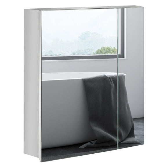 BNHHYYDS Bathroom Medicine Cabinet with Mirror, Bathroom Wall Cabinet with 3-Tier Storage Shelves & Hinged Doors, Silver