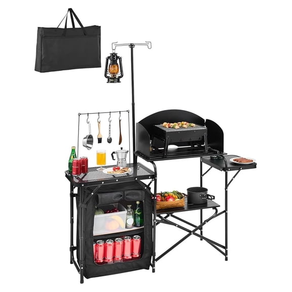 BNHHYYDS Camping Kitchen Table, Portable Outdoor Cook Station with Storage, Detachable Windscreen, Aluminum Folding Table for BBQ, Picnic, RV, Black