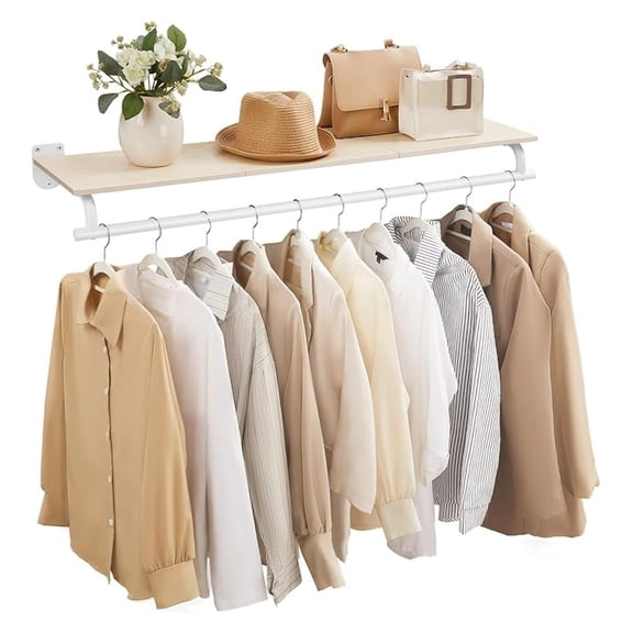 BNHHYYDS Clothes Rack Wall Mounted, 77lb Capacity, Hanging Rod & Shelf, Entryway Bedroom Closet Organizer, 11x42.9x5.2 Inch, Natural Beige & White