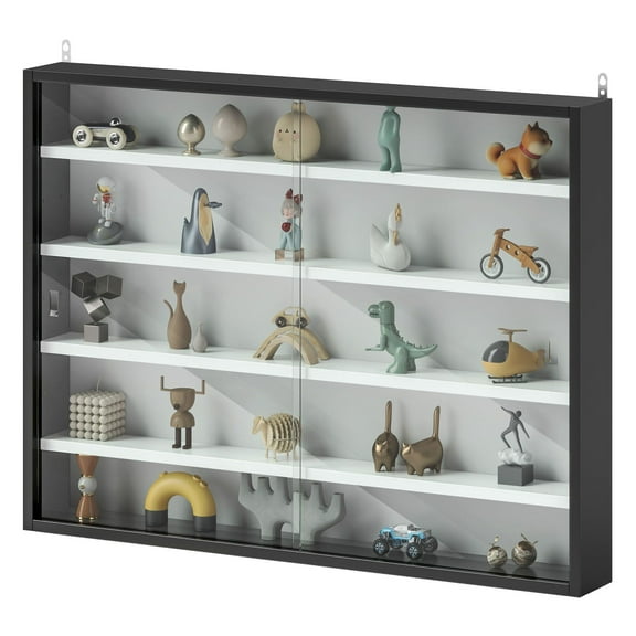 BNHHYYDS Display Cabinet 5-Tier Black White Glass Case with 2 Doors Adjustable Shelves Wall-Mounted