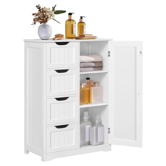 BNHHYYNB Wooden Floor Cabinet, Side Storage Organizer with 4 Drawers and 1 Cupboard, Freestanding Entryway Storage Unit Console Table, Bathroom Furniture Home Decor, White