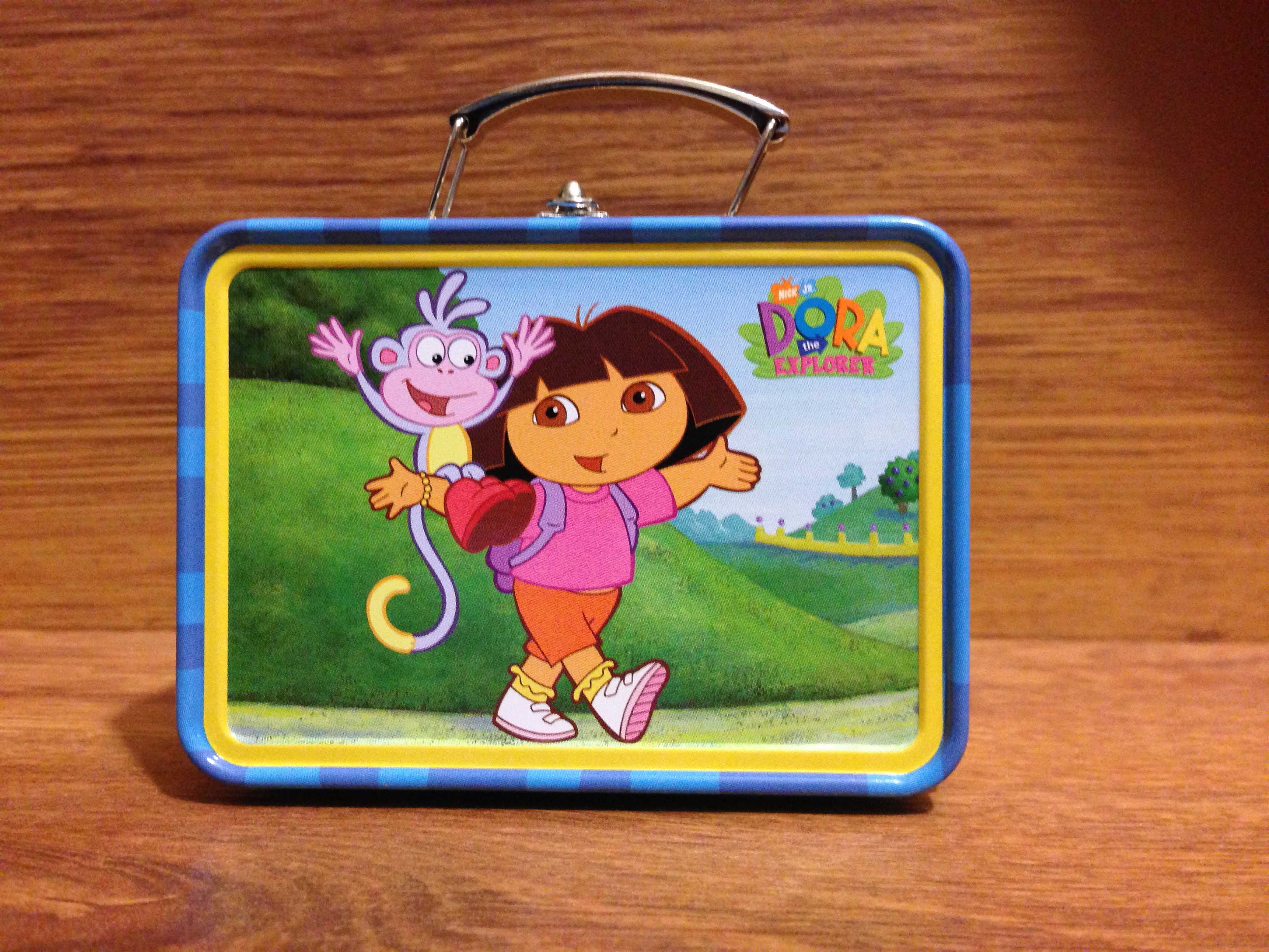 BNIP Mini Dora the Explorer Box Blue & Yellow Tin Lunch Box Handle ...