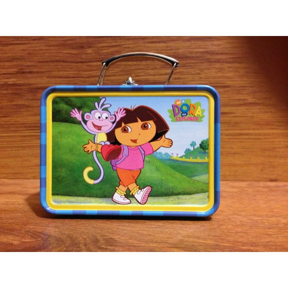 BNIP Mini Dora the Explorer Box Blue & Yellow Tin Lunch Box Handle Working Clasp