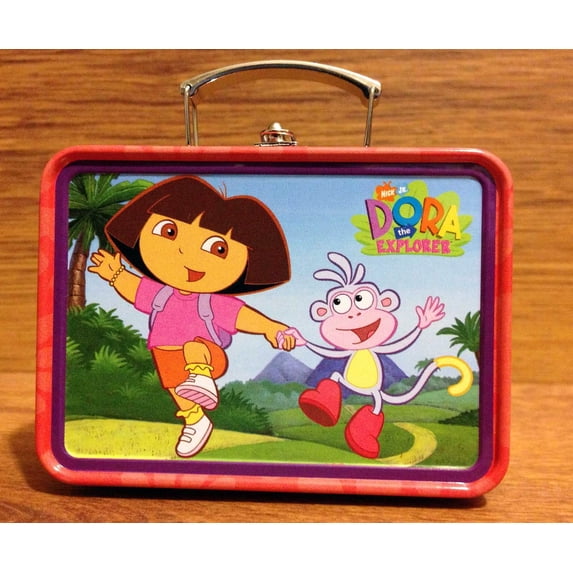 BNIP Mini Dora the Explorer Box Pink & Purple Tin Lunch Box Handle Working Clasp