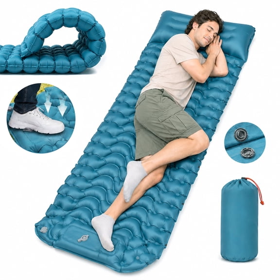 BNISE Camping Sleeping Pad, 6.3" Inflatable Sleeping Pad with Pillow & Foot Pump, Waterproof Connectable Camping Mat for Backpacking Hiking Travel
