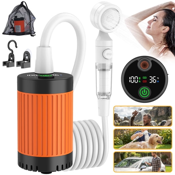 BNISE Portable Camping Shower, 6000mAh Rechargeable Shower Pump, Intelligent LED Display, 3 Spray Modes IPX7 Waterproof for Hiking Travel Pet Car