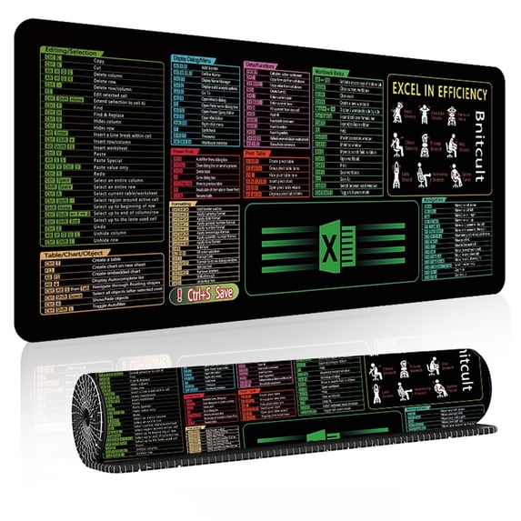 BNITCULT Excel Cheat Sheet Desk Mat,Updated Shortcuts & Gaming Desk Pad (31.5"x11.8"),Non-Slip,Spill-Proof,Black Fabric & Rubber Large Mouse Pad.