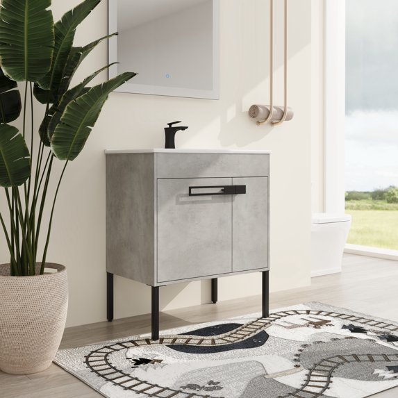 BNK 30 Inch Freestanding Bathroom Vanity with White Ceramic Sink, Modern Floating Bathroom Vanity or Freestanding is Optional Conversion, with 2 Doors